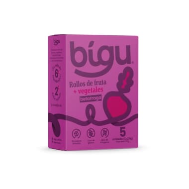 Rollo de frutas y betarraga caja 5 unidades de 25 gramos Marca Bigu snacks