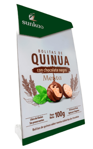 Bolitas de quinoa sabor menta cubiertas de chocolate negro 55% 100 gramos Marca Sunkao