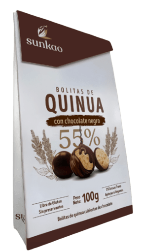 Bolitas de quinoa cubiertas de chocolate negro 55% 100 gramos Marca Sunkao